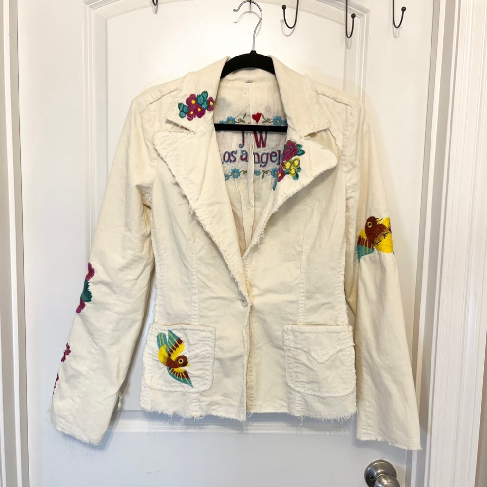 Johnny‎ Was Corduroy Jacket- Cream- Embroidered Birds Heart Rose- Raw Hem- SZ M